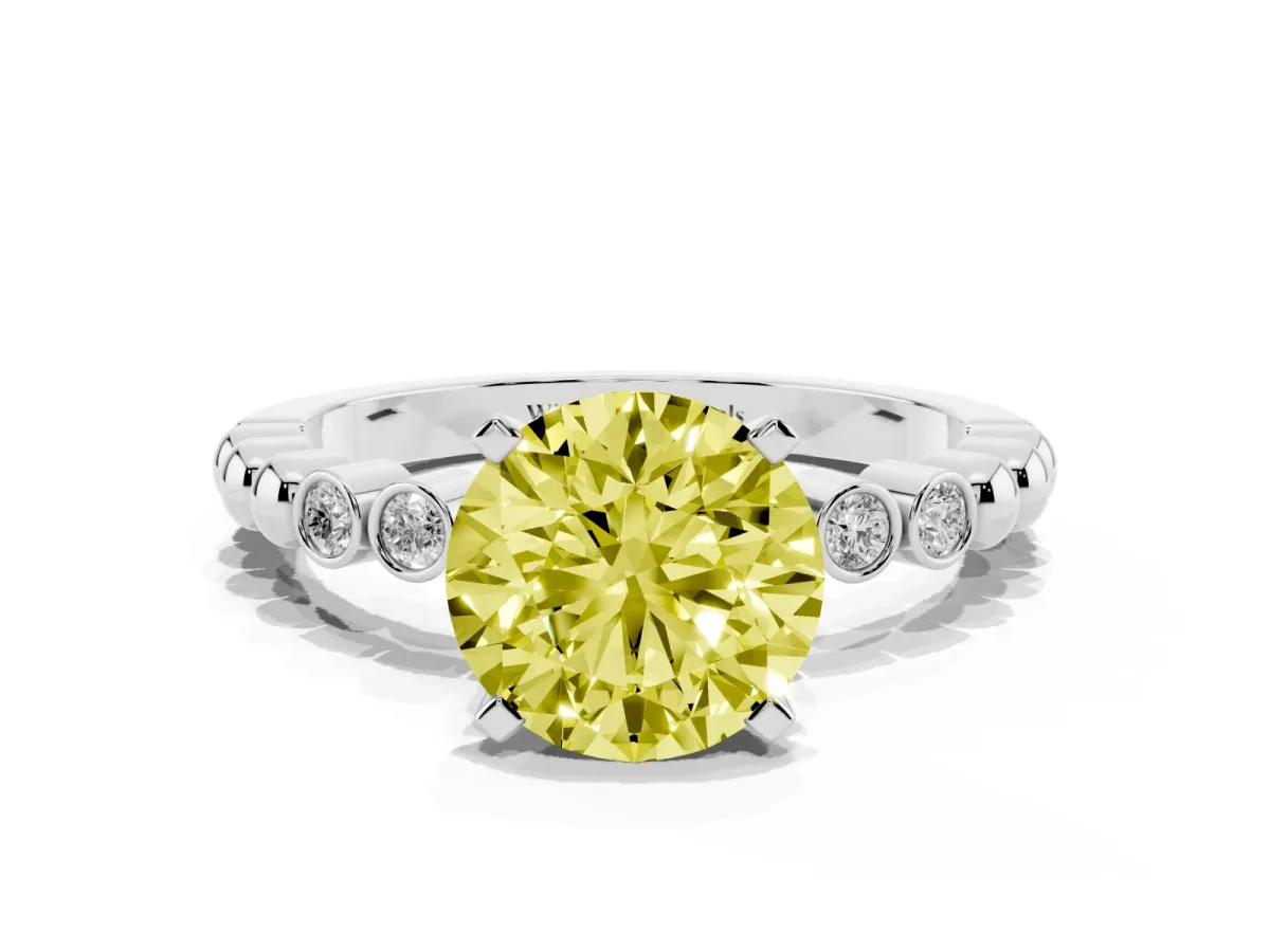 Fancy Yellow Round Cut Solitaire Bezel Accent Diamond Engagement Ring with Beaded Band and Four-Prong Setting Silver
