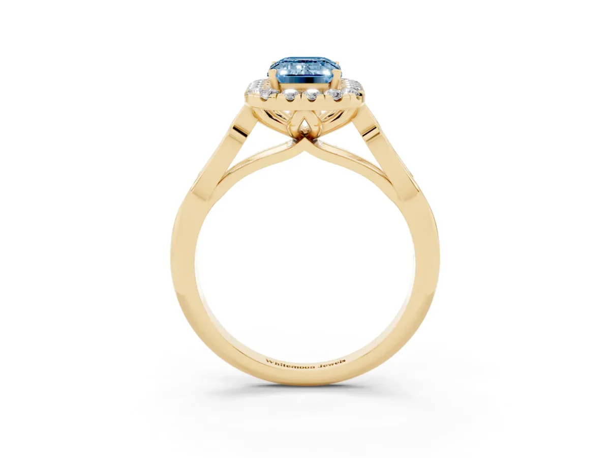 Fancy Blue Emerald Cut Halo Diamond Engagement Ring with Filigree Band and Four-Prong Setting Yellow gold