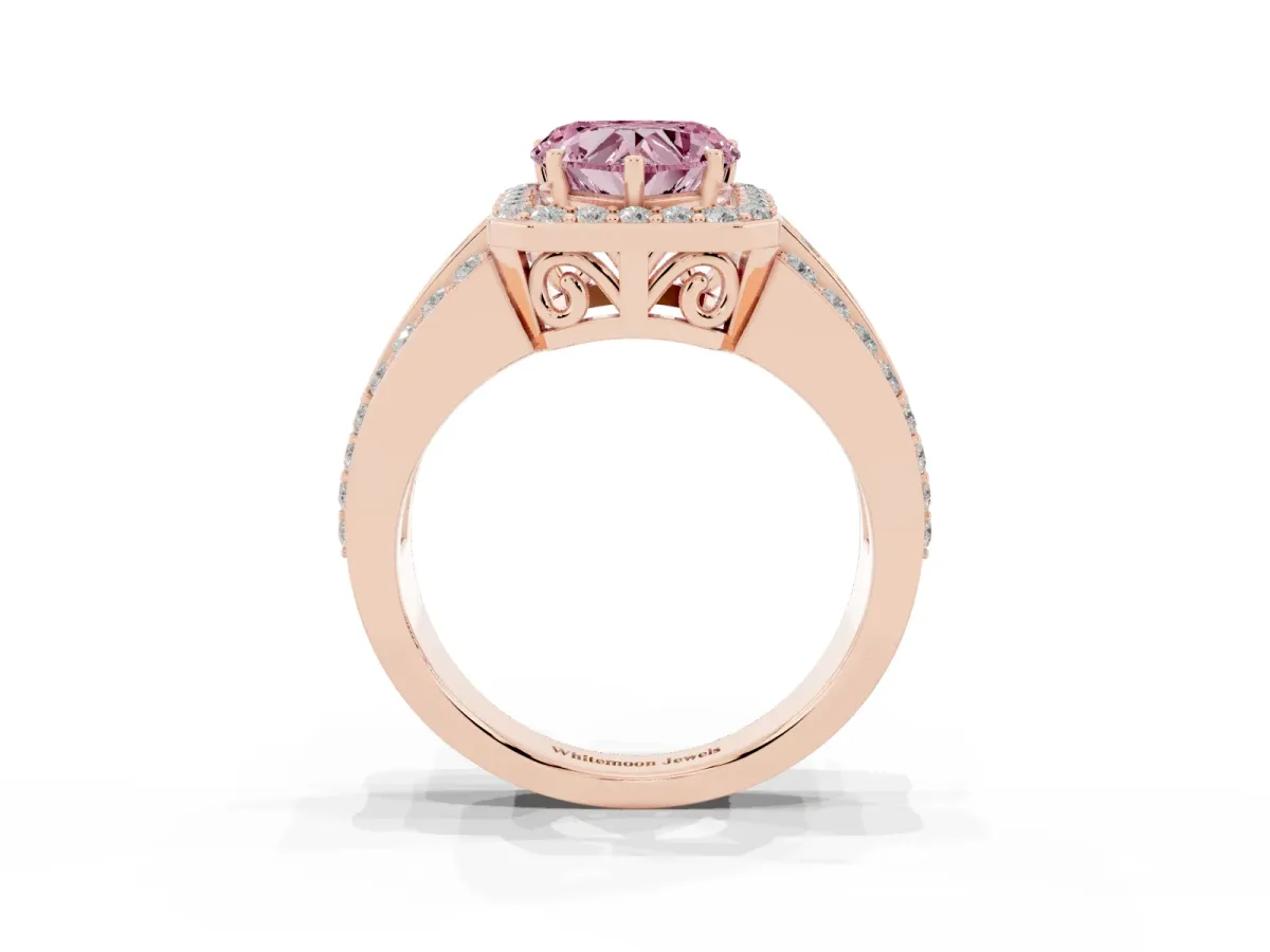 Fancy Pink Heart Cut Halo Diamond Ring with Round Split Shank and Prong Setting Rose gold