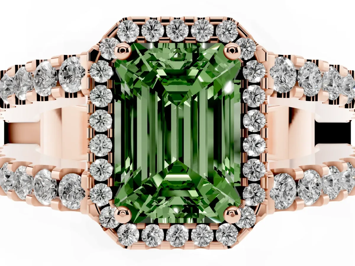 Fancy Green Emerald Cut Cut Halo Split Shank Diamond Ring with Four-Prong Setting Rose gold