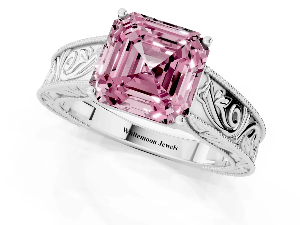 Fancy Pink Asscher Cut Diamond Solitaire Ring with Engraved Band and Four-Prong Setting Silver