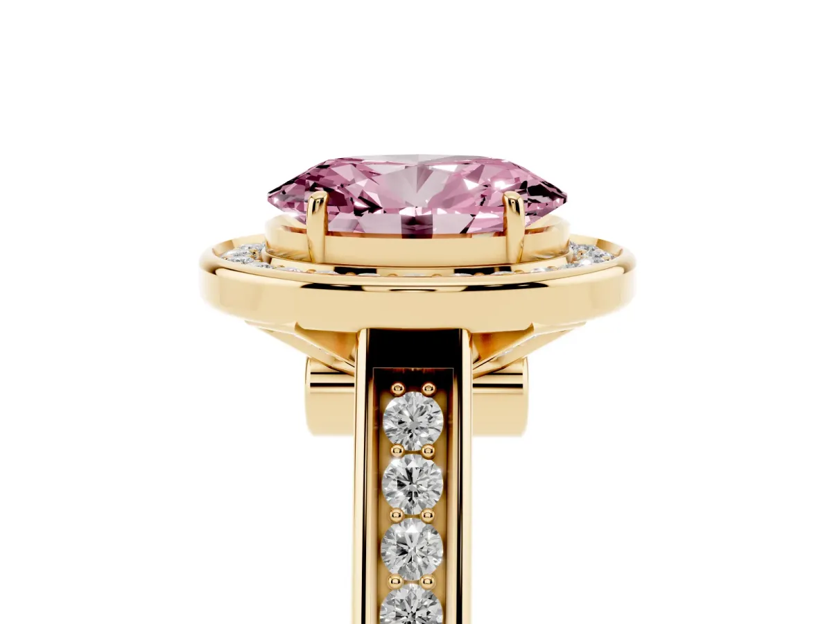 Fancy Pink Oval Cut Halo Solitaire Diamond Ring with Pave Band and Bezel Setting Yellow gold