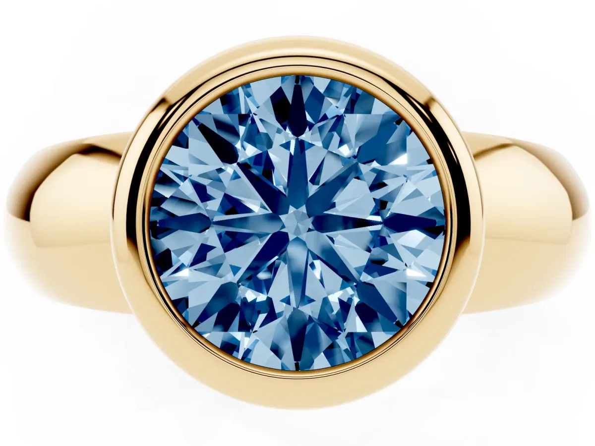 Fancy Blue Bezel Set Round Cut Solitaire Ring with Wide Band Yellow gold