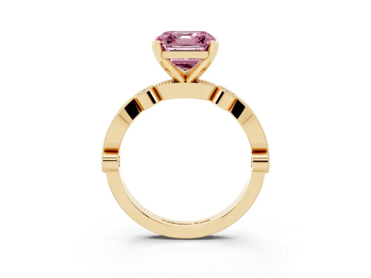 Fancy Pink Asscher Cut Milgrain Bezel Diamond Engagement Ring with Solitaire Prong Setting Yellow gold