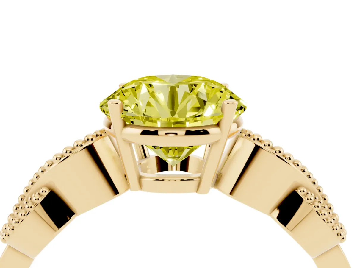 Fancy Yellow Round Cut Solitaire Milgrain Leaf Band with Prong Setting Yellow gold
