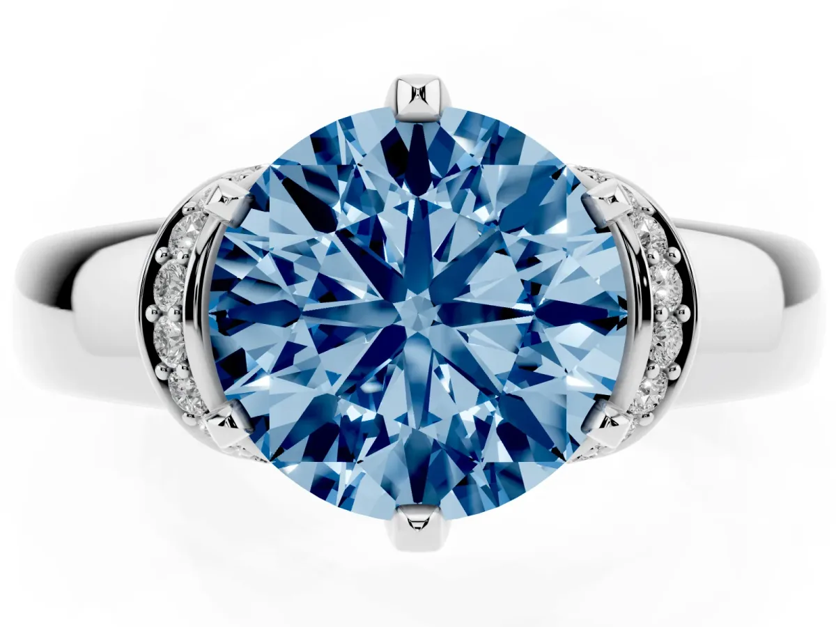 Fancy Blue Round Cut Solitaire Diamond Ring with Pave Band and Six-Prong Setting Silver