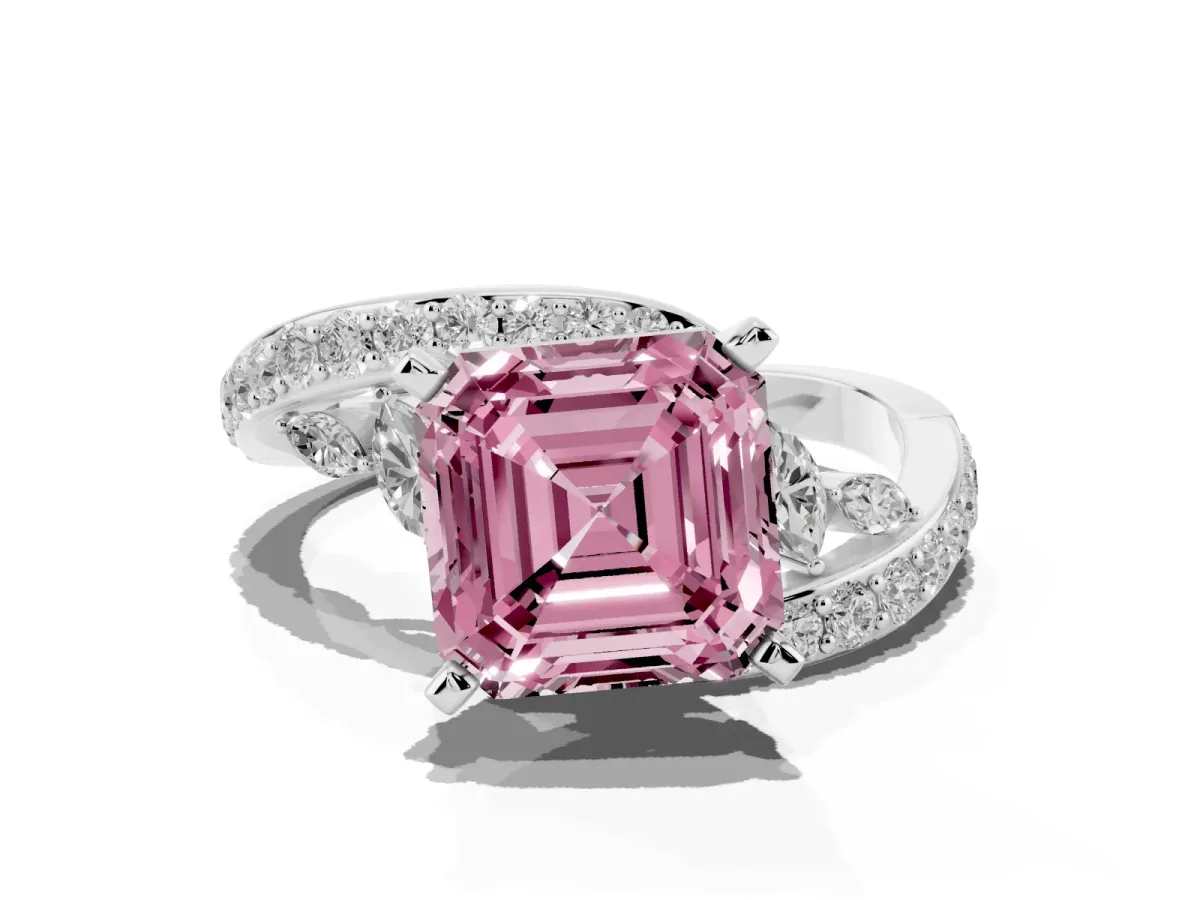 Fancy Pink Asscher Cut Solitaire with Pavé Twist Band and Four-Prong Setting Platinum