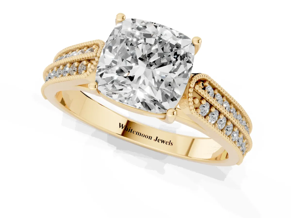 Cushion Cut Cut Pave Split Shank Engagement Ring with Four-Prong Setting Yellow gold