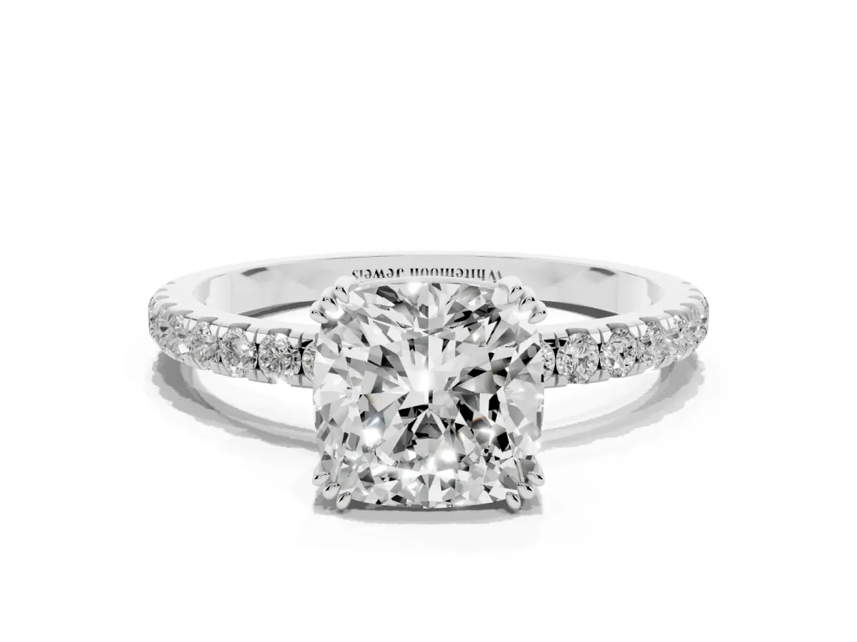 Cushion Cut Brilliant Solitaire with Pavé Band and Claw Prong Setting White gold