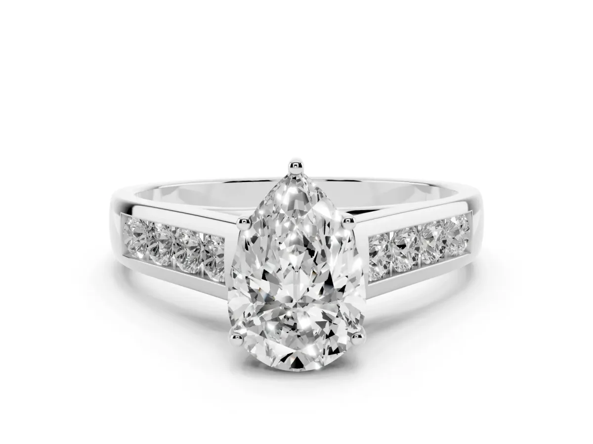 Pear Cut Solitaire Channel-Set Diamond Engagement Ring with Four-Prong Setting Platinum