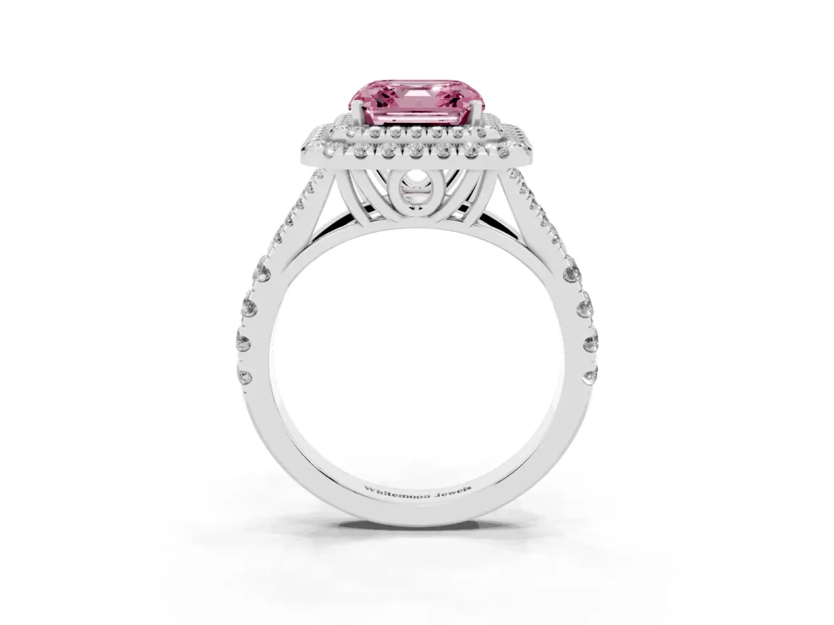 Fancy Pink Asscher Cut Cut Double Halo Split Shank Diamond Ring with Prong Setting Platinum
