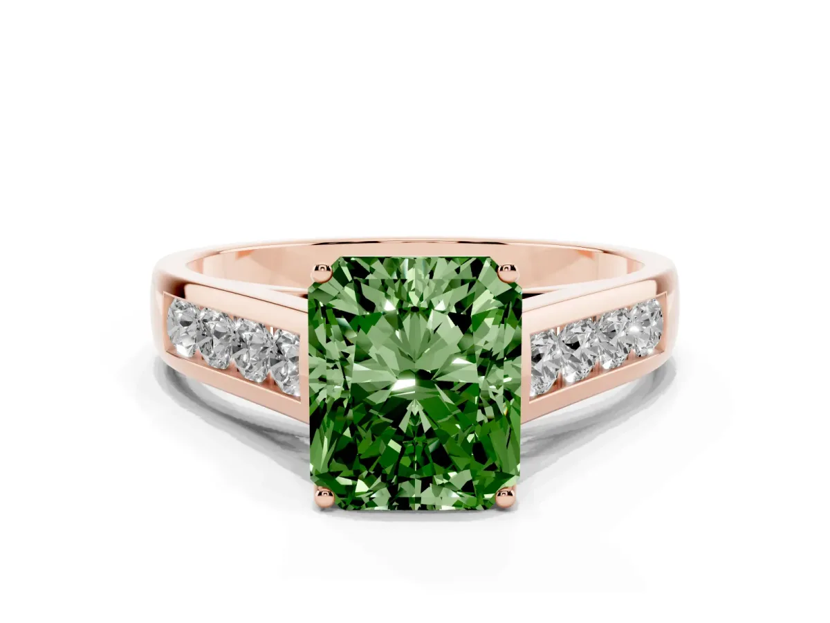 Fancy Green Radiant Cut Brilliant Channel-Set Solitaire Ring with Four-Prong Setting Rose gold