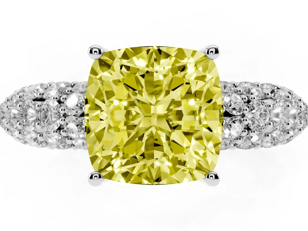 Fancy Yellow Cushion Cut Diamond Pavé Band Solitaire Ring with Four-Prong Setting Silver