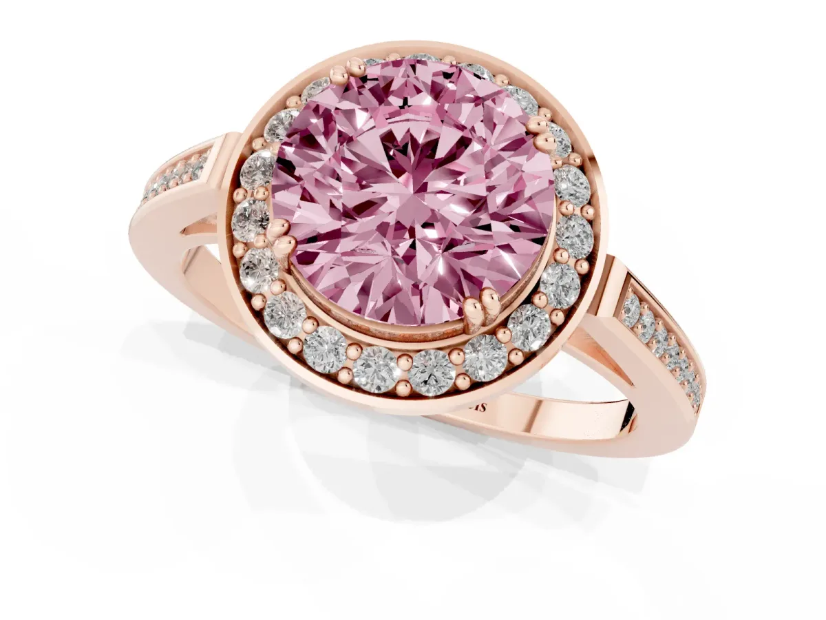 Fancy Pink Round Cut Diamond Halo Ring with Split Shank and Four-Prong Setting Rose gold