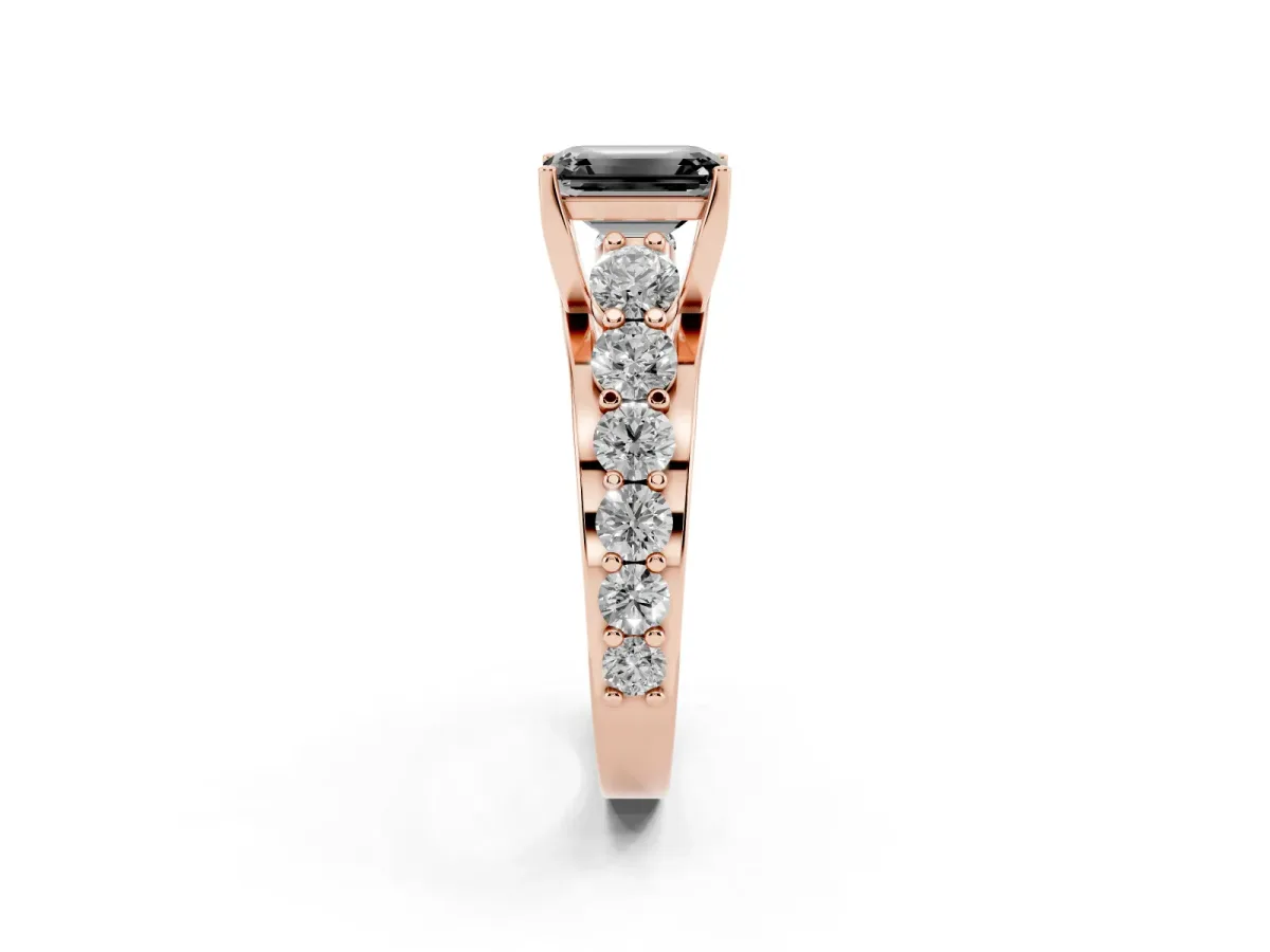 Fancy Black Emerald Cut Diamond Engagement Ring with Pavé Band and Four-Prong Setting Rose gold