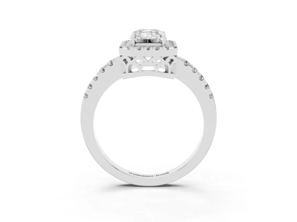 Emerald Cut Halo Diamond Engagement Ring with Pavé Band and Four-Prong Setting Silver