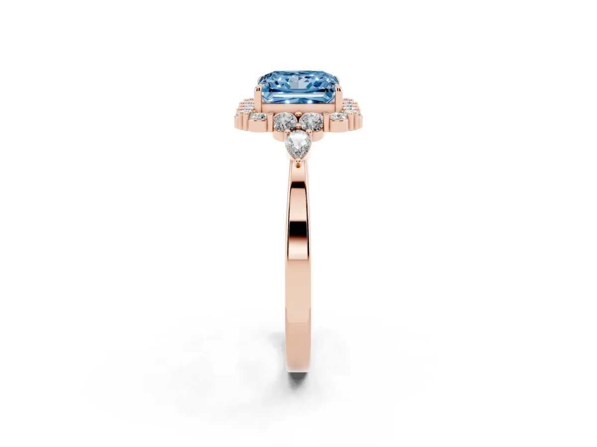Fancy Blue Princess Cut Diamond Halo Ring with Pear Side Stones and Prong Setting Rose gold