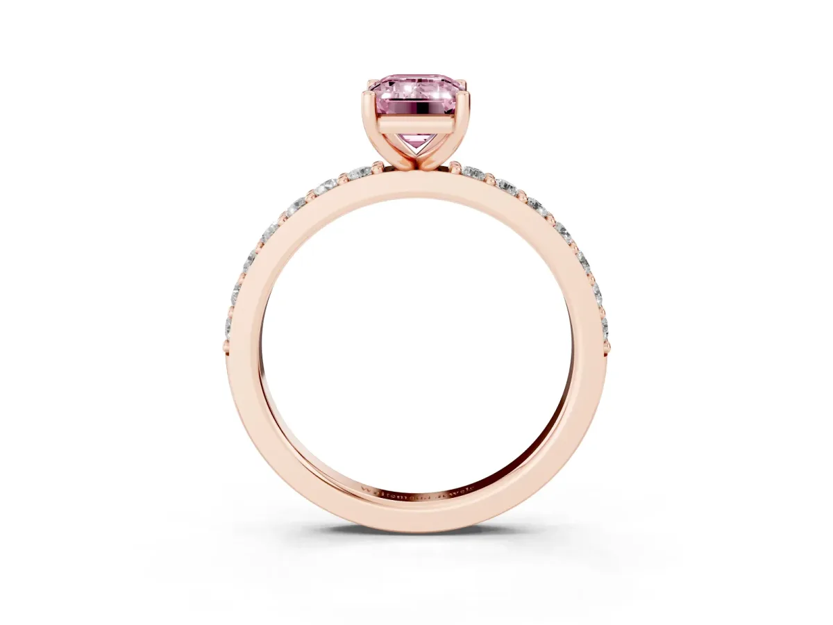 Fancy Pink Emerald Cut Cut Diamond Solitaire with Pave Band and Four-Prong Setting Rose gold