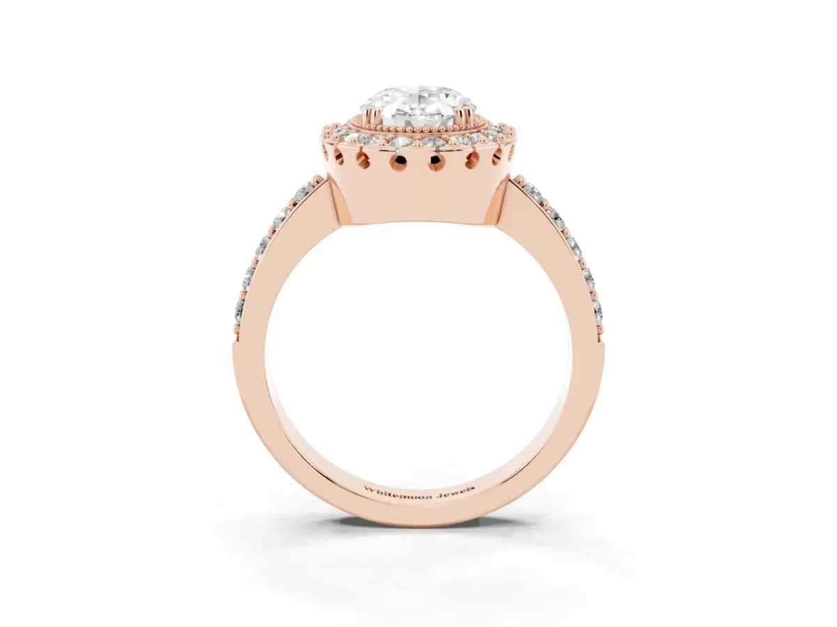 Oval Cut Diamond Halo Ring with Pavé Band and Prong Setting Rose gold