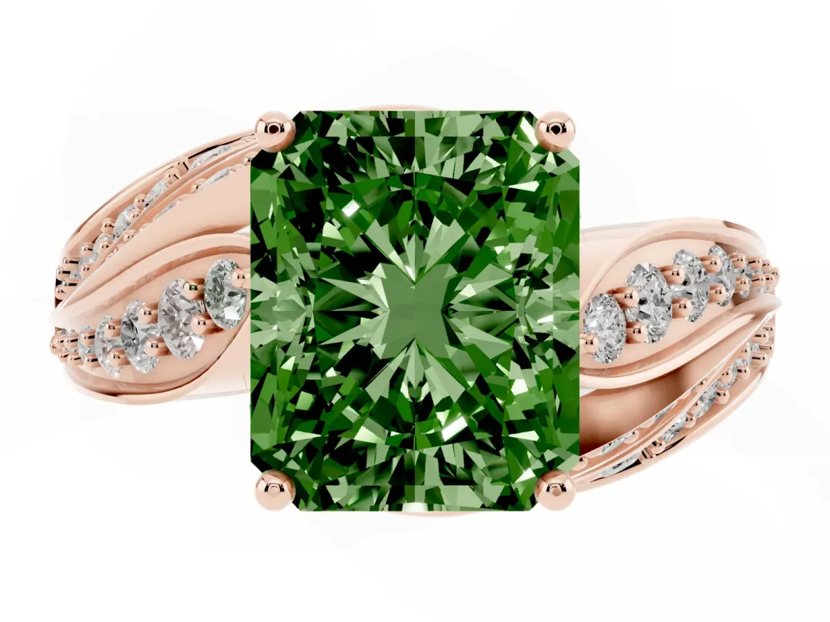 Fancy Green Radiant Cut Diamond Solitaire Ring with Prong Setting and Twisted Pavé Band Rose gold