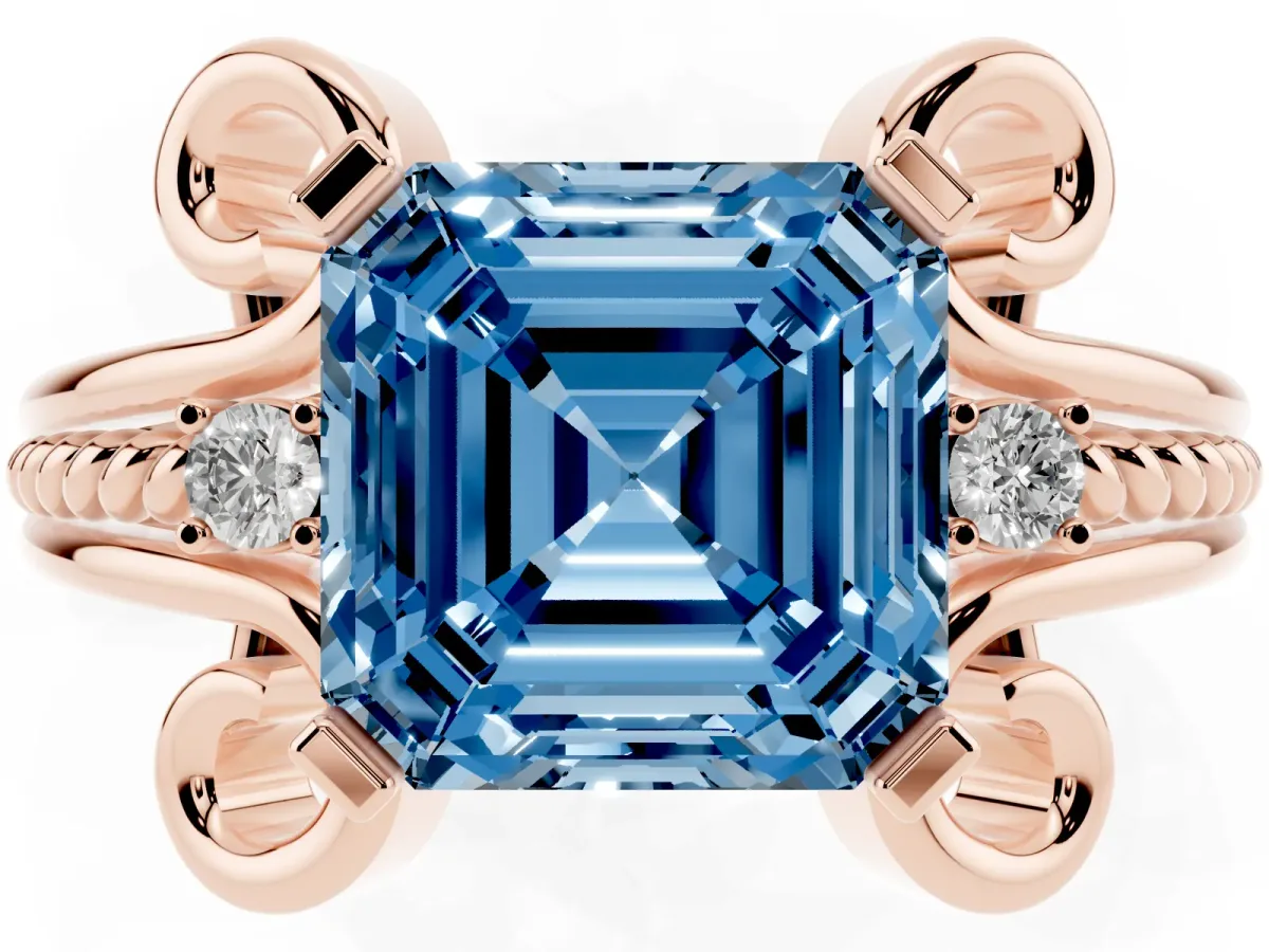 Fancy Blue Asscher Cut Solitaire Twisted Band Scroll Prong Ring Rose gold