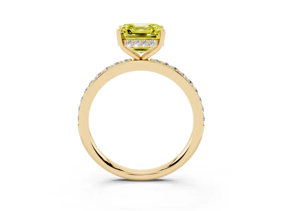 Fancy Yellow Asscher Cut Cut Diamond Pavé Band Ring with Four-Prong Setting Yellow gold