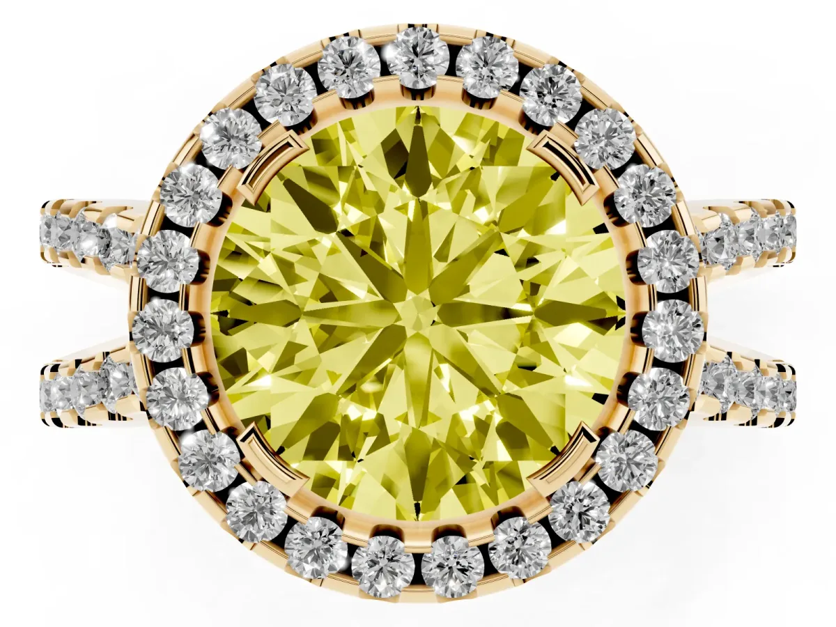 Fancy Yellow Round Cut Diamond Halo Ring with Split Shank Pavé Band and Prong Setting Yellow gold