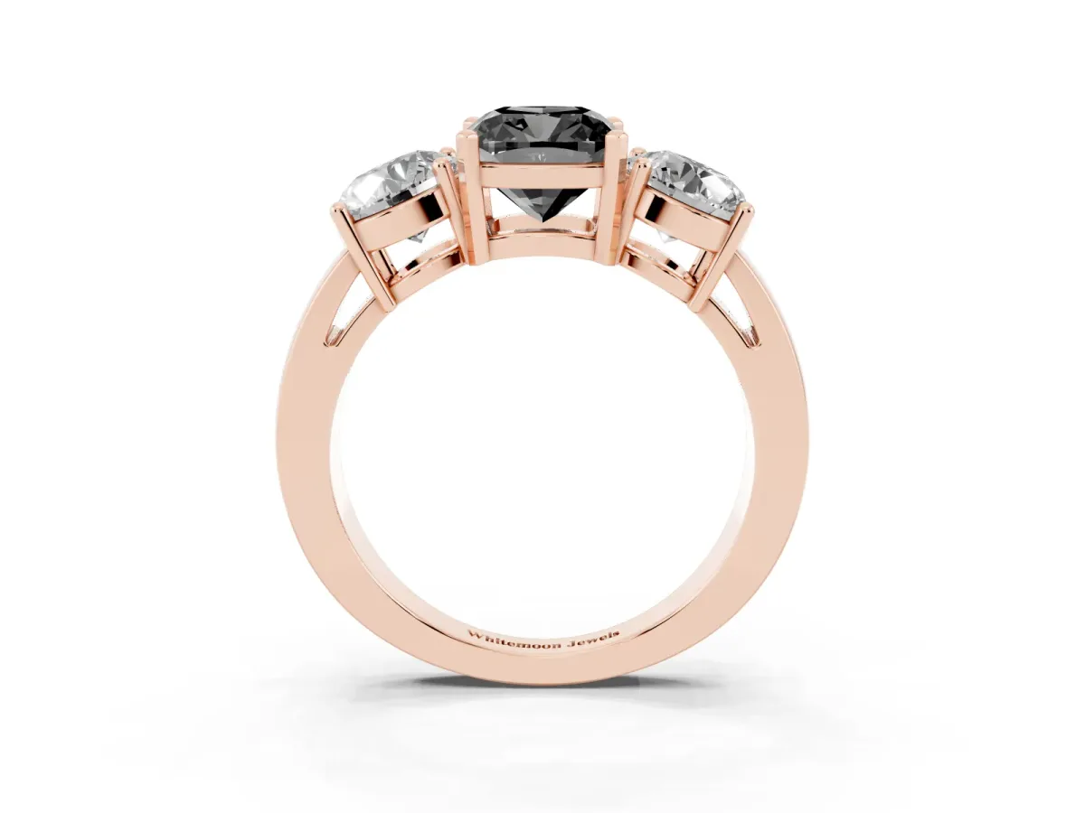 Fancy Black Three-Stone Cushion Cut Diamond Ring with Round Side Stones, Classic Band, and Four-Prong Setting Rose gold