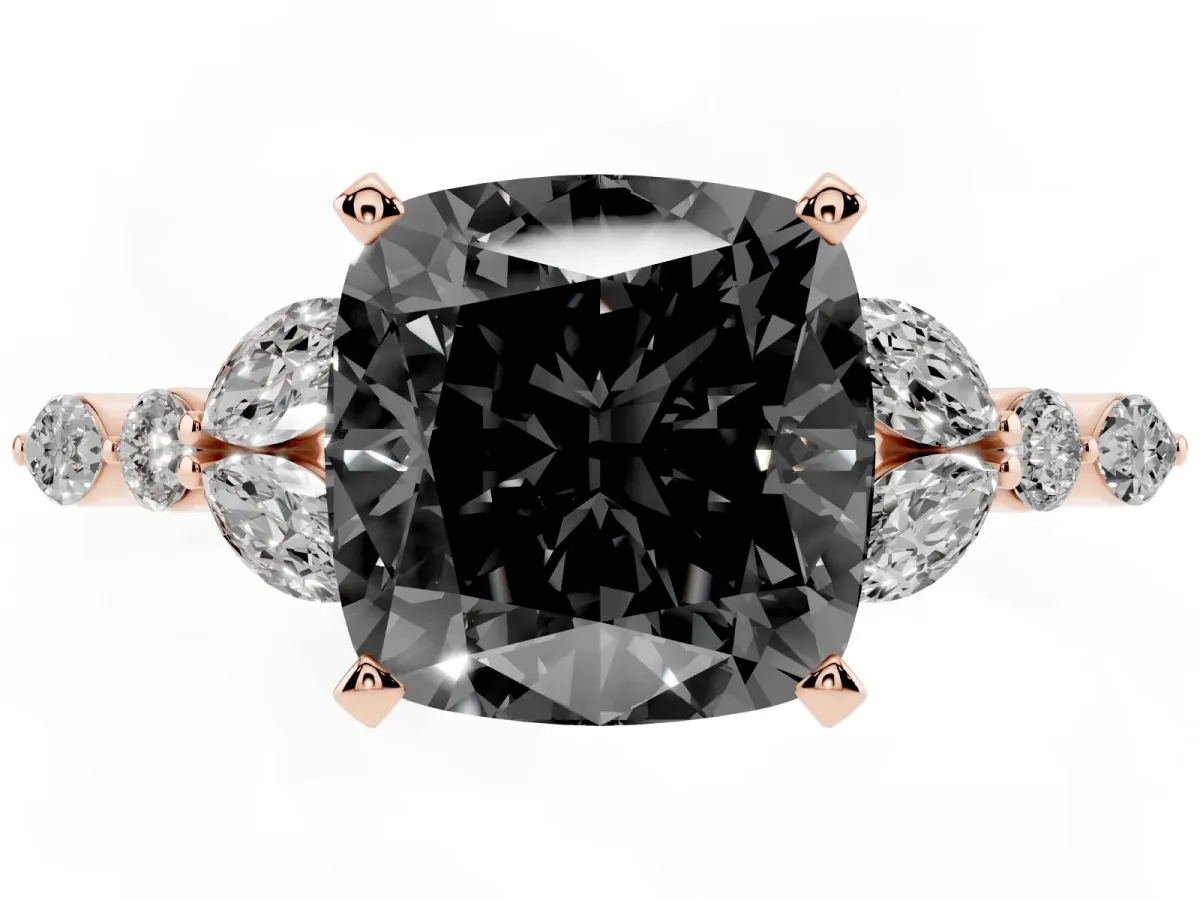Fancy Black Cushion Cut Diamond Solitaire Ring with Side Stones and Four-Prong Setting Rose gold