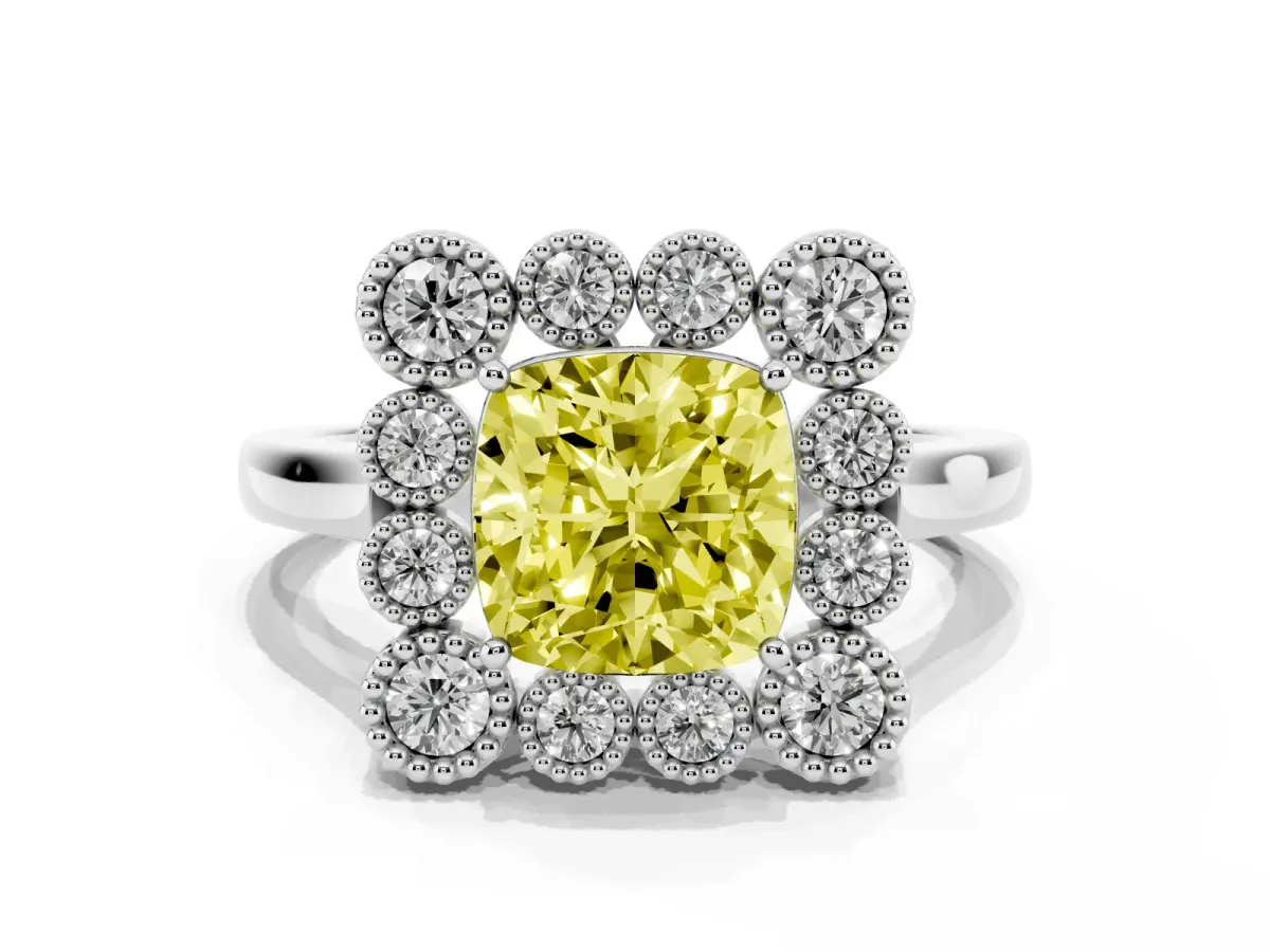 Fancy Yellow Cushion Cut Halo Diamond Cluster Engagement Ring with Milgrain Bezel Setting and Solitaire Band Silver