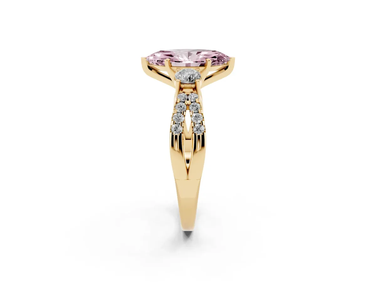 Fancy Pink Marquise Cut Diamond Three-Stone Ring with Pavé Split Shank and Four-Prong Setting Yellow gold