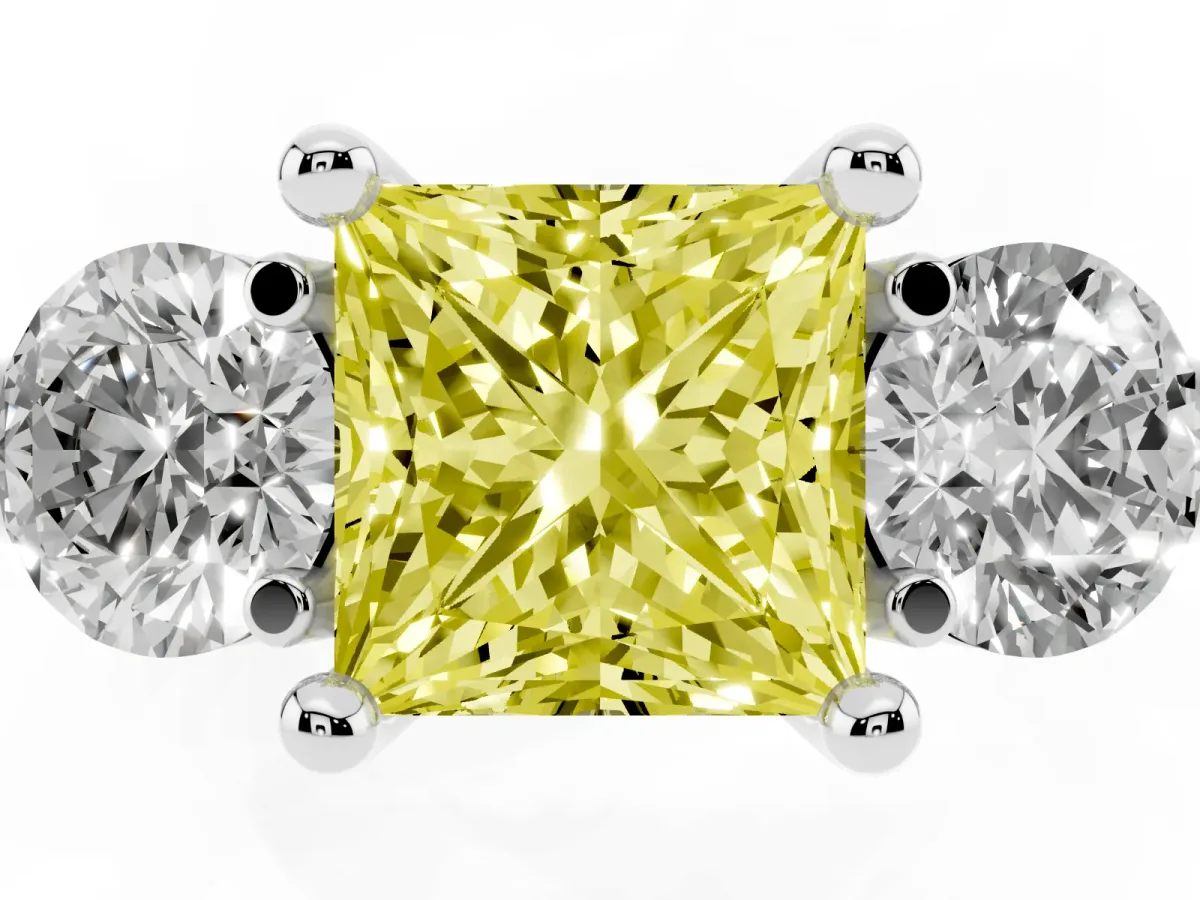 Fancy Yellow Three-Stone Princess Cut Brilliant Cut Solitaire Ring with Prong Setting on a Classic Band Silver