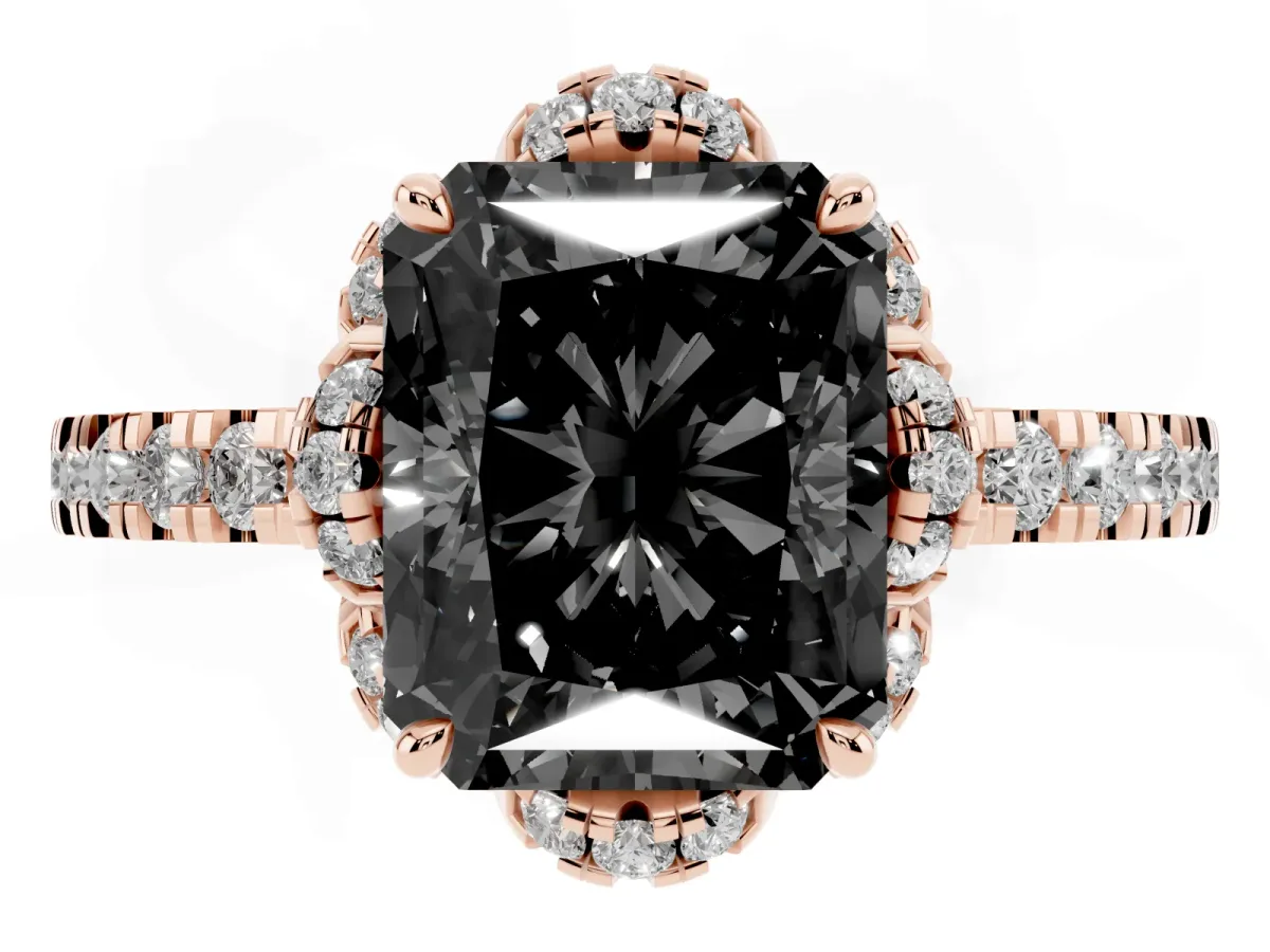 Fancy Black Radiant Cut Diamond Halo Pave Band with Four-Prong Setting Rose gold