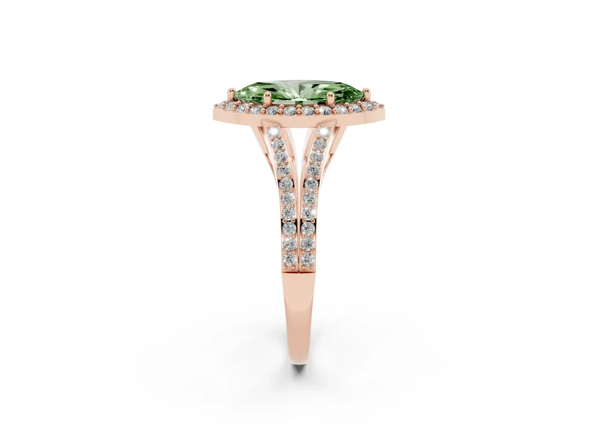Fancy Green Marquise Cut Halo Split Shank Pave Diamond Ring with Four-Prong Setting Rose gold
