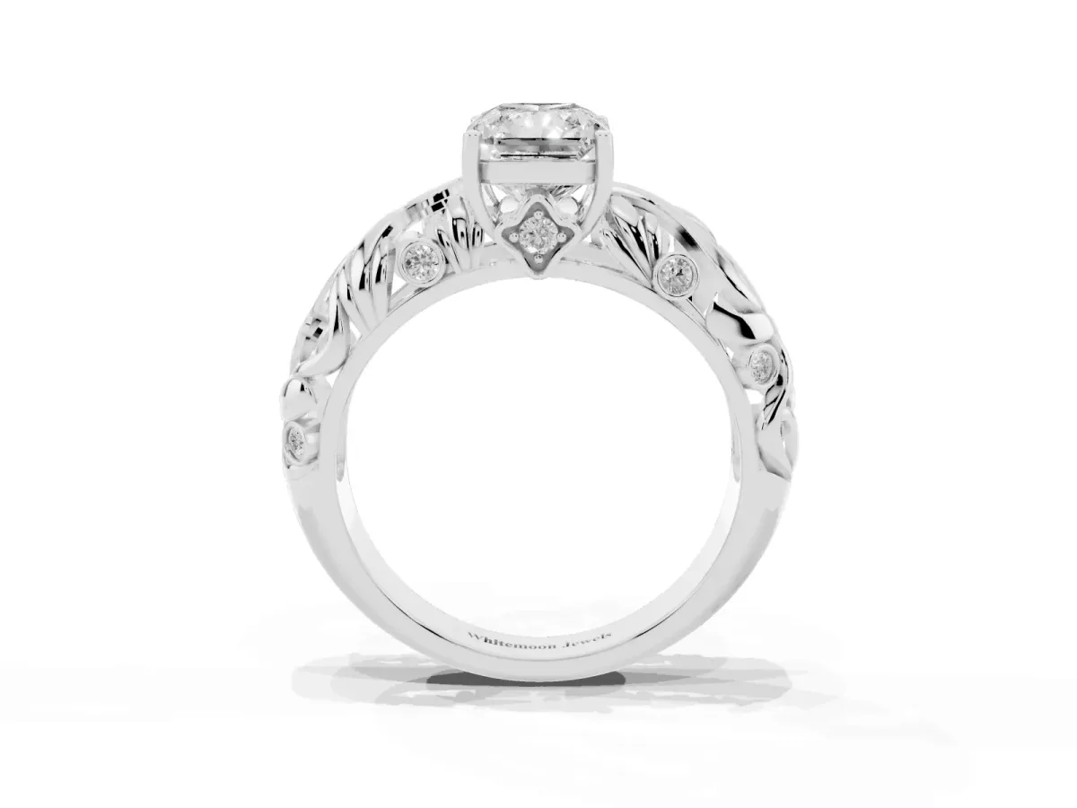 Radiant Cut Solitaire Diamond Leaf-Inspired Vine Band Ring with Prong Setting Silver