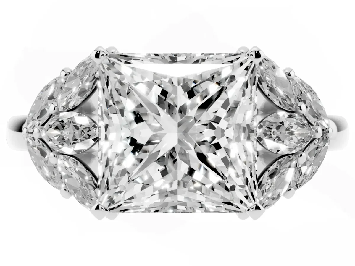 Princess Cut Diamond Cluster Leaf Design Ring with Prong Setting White gold