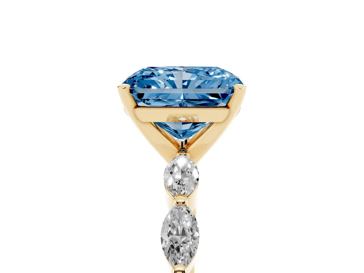 Fancy Blue Radiant Cut Diamond Ring with Marquise Side Stones and Prong Setting Yellow gold