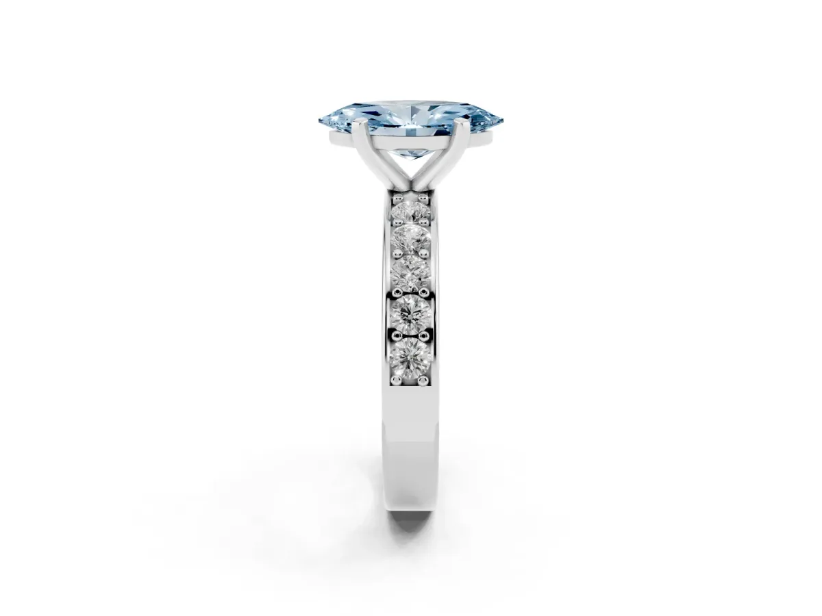 Fancy Blue Marquise Cut Diamond Engagement Ring with Channel Set Round Band and Prong Setting Platinum