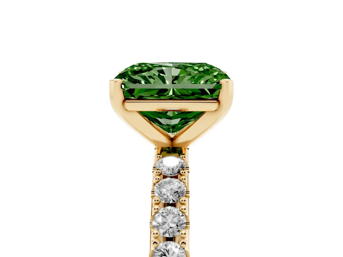 Fancy Green Radiant Cut Diamond Solitaire Pavé Band with Four-Prong Setting Yellow gold