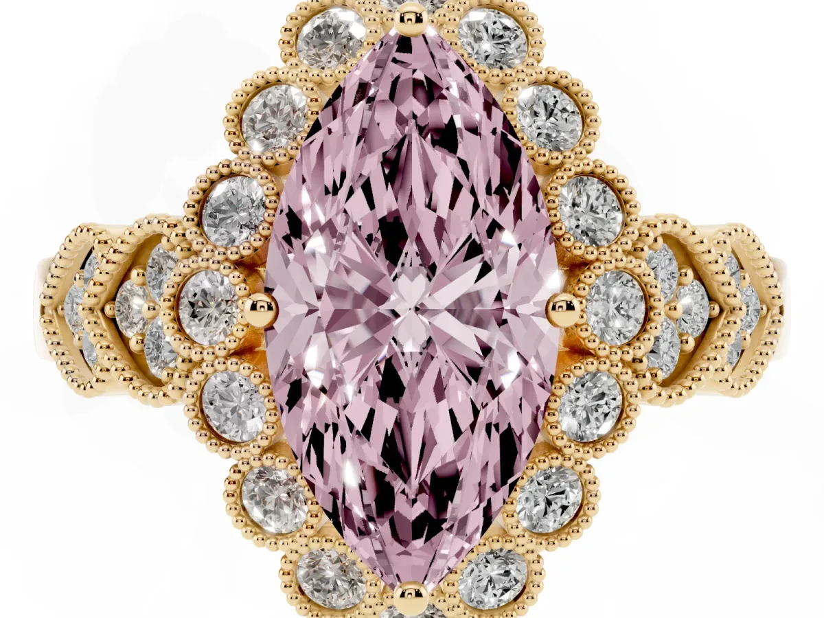 Fancy Pink Marquise Cut Brilliant Milgrain Pave Heart Band Solitaire Ring Yellow gold