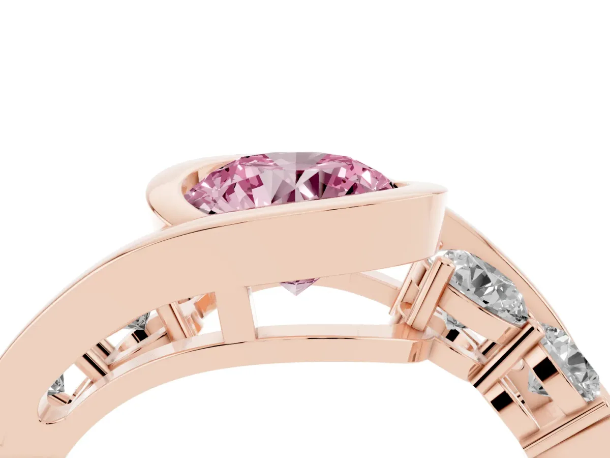 Fancy Pink Bezel Set Round Cut Diamond Bypass Ring with Round Accents Rose gold