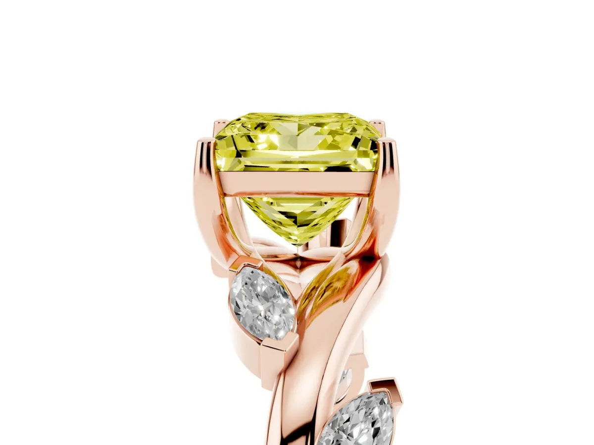Fancy Yellow Princess Cut Solitaire Twisted Band Marquise Accent Prong Setting Ring Rose gold