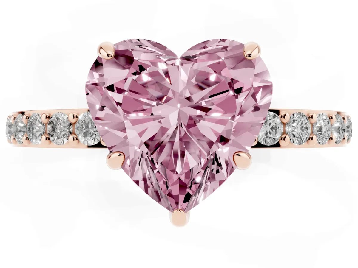 Fancy Pink Heart Cut Diamond Pavé Engagement Ring with Round Accents and Prong Setting Rose gold