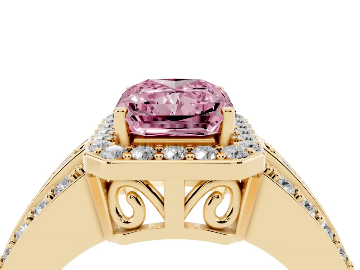 Fancy Pink Radiant Cut Halo Diamond Ring with Round Split Shank and Prong Setting Yellow gold