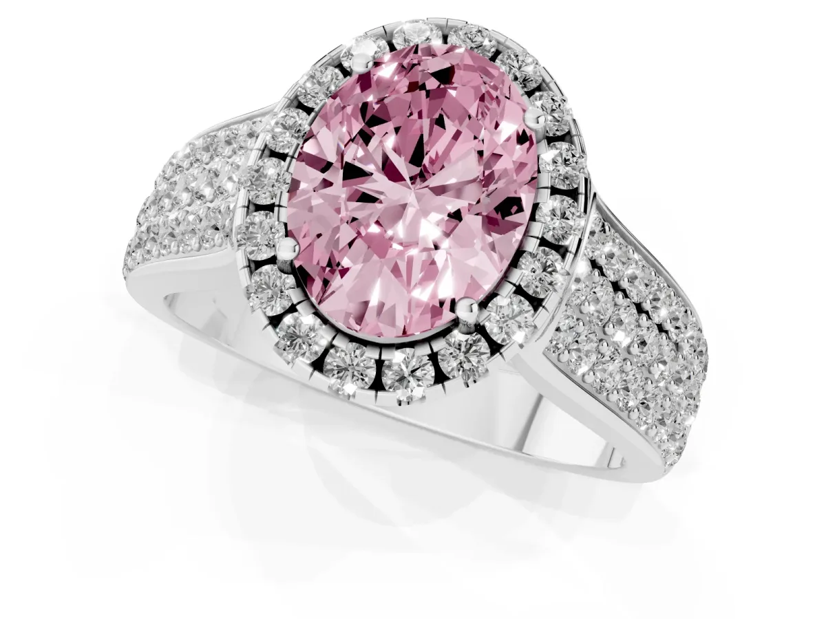 Fancy Pink Oval Cut Halo Round Diamond Pave Band with Prong Setting Silver