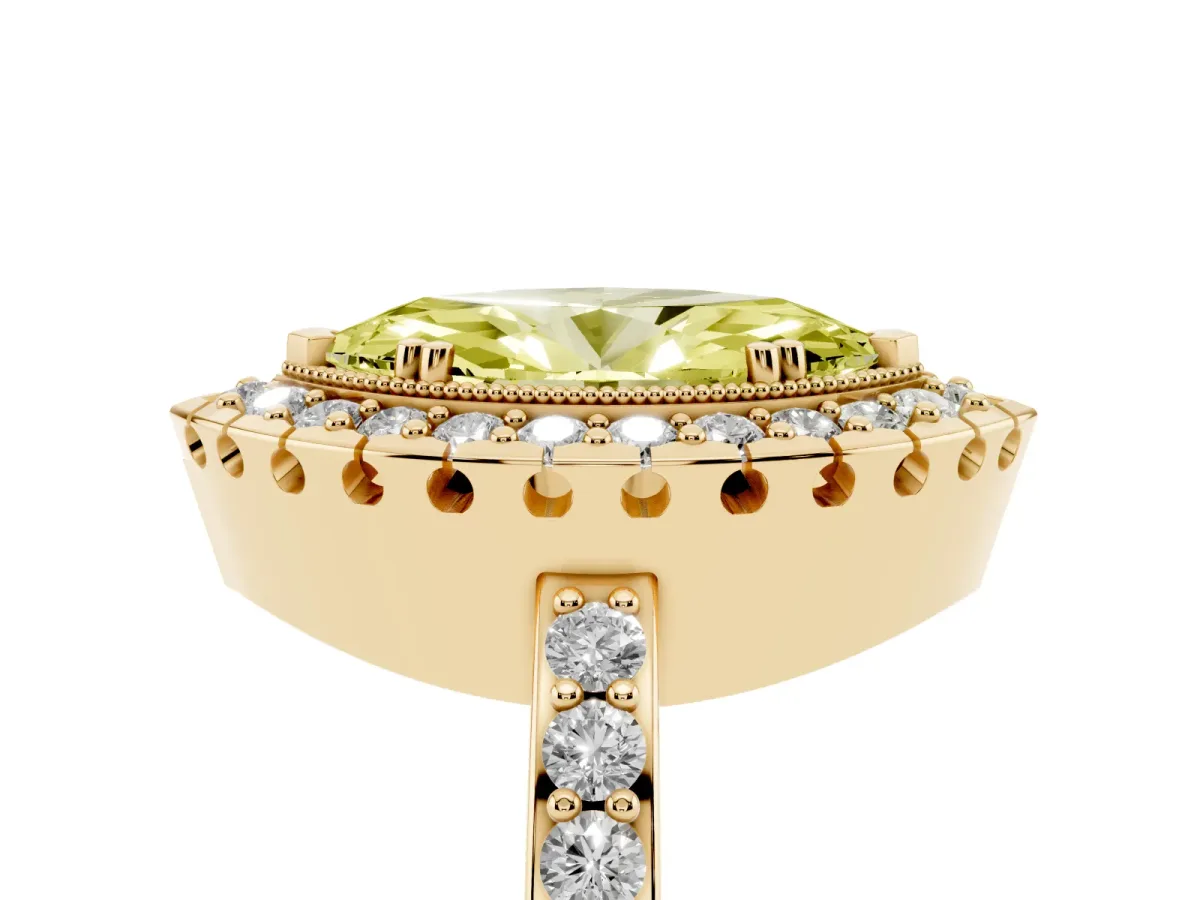 Fancy Yellow Marquise Cut Diamond Halo Ring with Pavé Band and Prong Setting Yellow gold