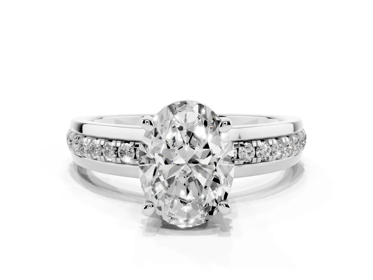 Oval Cut Solitaire Diamond Ring with Channel Set Band and Six-Prong Setting Silver