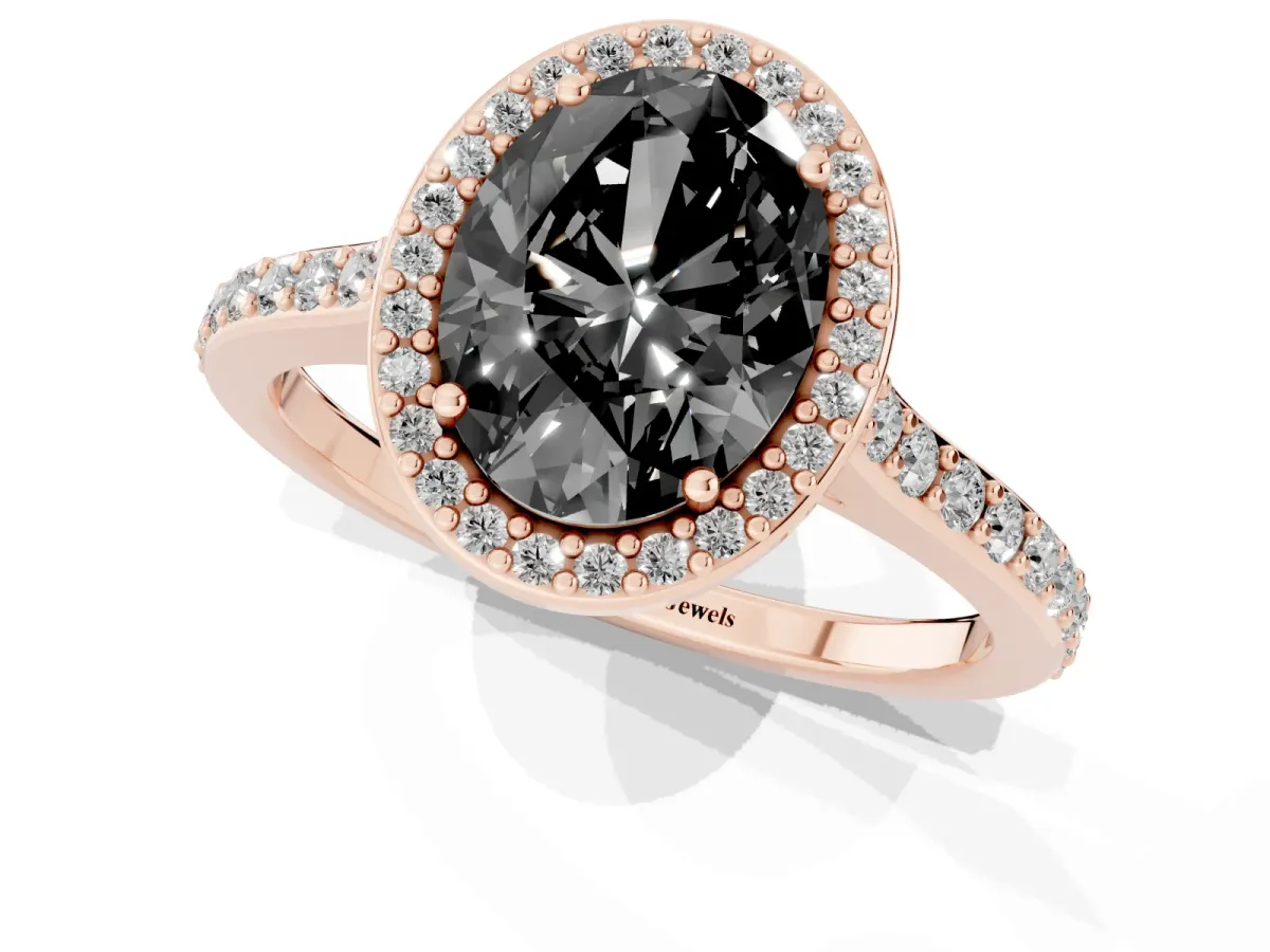 Fancy Black Oval Cut Diamond Halo Engagement Ring with Round Pavé Shoulders and Prong Setting Rose gold