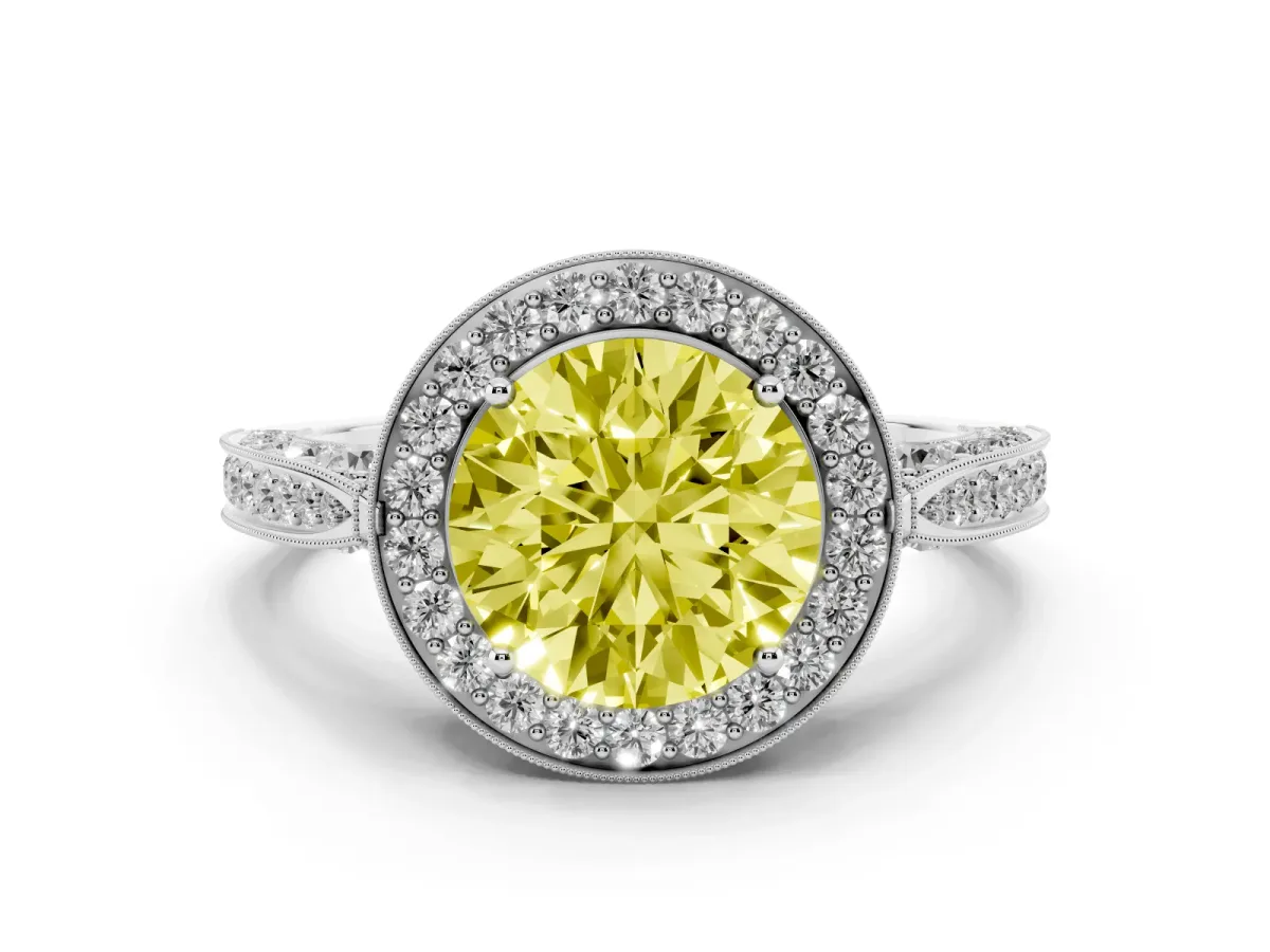 Fancy Yellow Round Cut Halo Diamond Engagement Ring with Split Shank Band and Four-Prong Setting Platinum