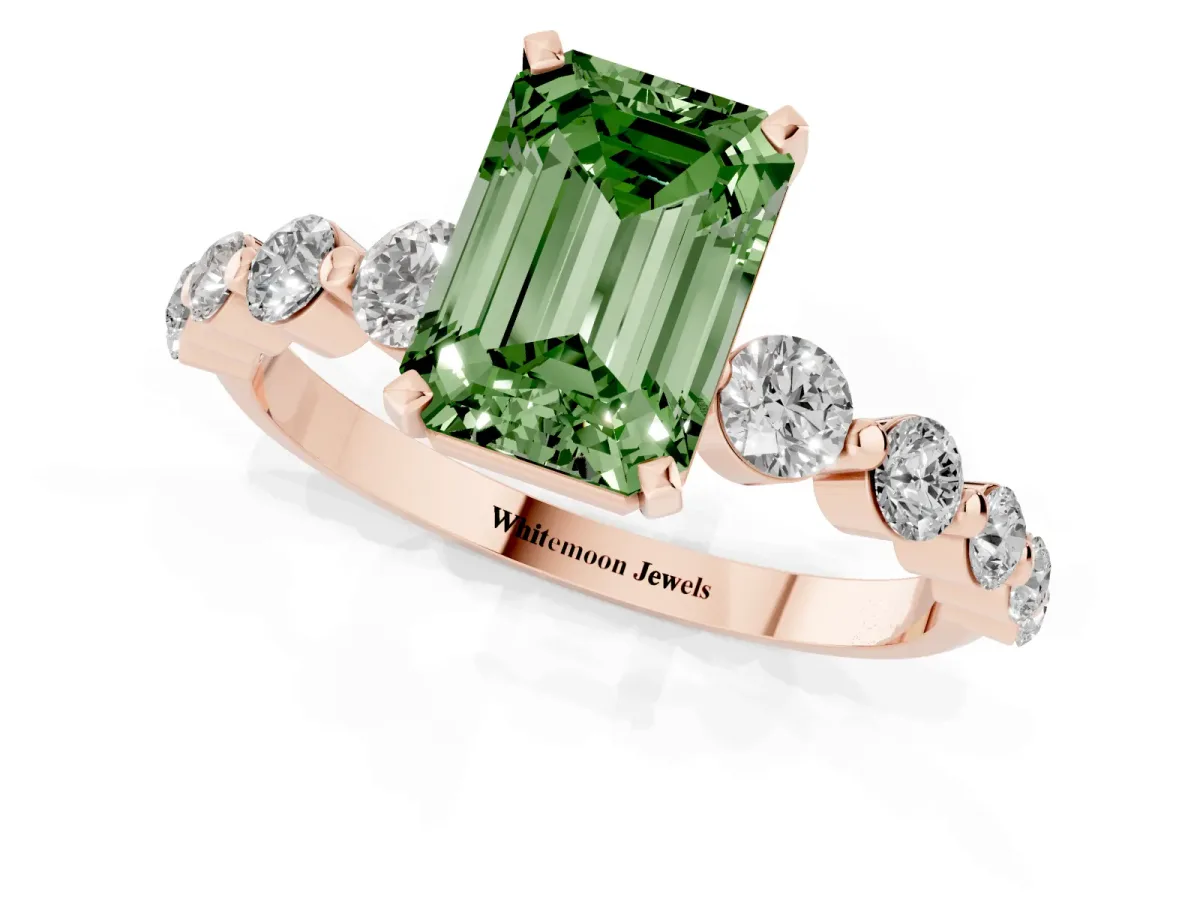 Fancy Green Emerald Cut Solitaire Diamond Ring with Pave Band and Four-Prong Setting Rose gold